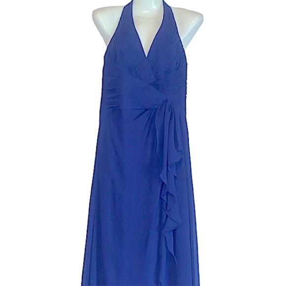 David’s Bridal Deep Blue Gown Size 8 Soft Crinkle Chiffon Halter Draped Cascade - Picture 12 of 13